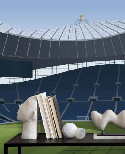 blue and green football stadium wallpaper called Tottenham Hotspur Stadium Football Stadium by Matthew J I Wood Design & Illustration for kids bedrooms