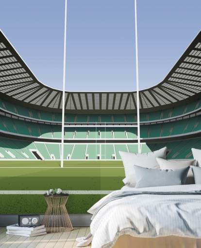 carta da parati murale verde del rugby dell'Inghilterra chiamata Twickenham Rugby Stadium di Matthew J I Wood Design & Illustration