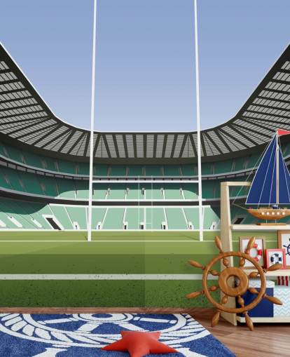 Grünes England-Rugby-Tapetenwandbild mit dem Titel Twickenham Rugby Stadium von Matthew J I Wood Design & Illustration