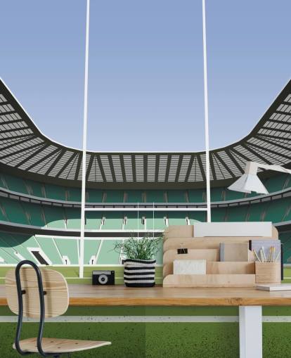 mural de papel de parede de rúgbi verde da Inglaterra chamado Twickenham Rugby Stadium, de Matthew J I Wood Design & Illustration