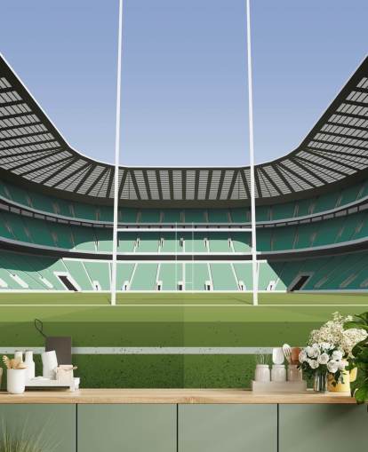 Grünes England-Rugby-Tapetenwandbild mit dem Titel Twickenham Rugby Stadium von Matthew J I Wood Design & Illustration