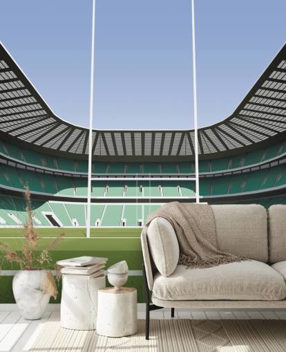 Grünes England-Rugby-Tapetenwandbild mit dem Titel Twickenham Rugby Stadium von Matthew J I Wood Design & Illustration