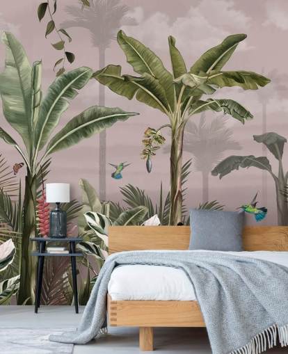 pink forest wallpaper mural called A Busy Tropical Forest at Wallsauce for bedrooms