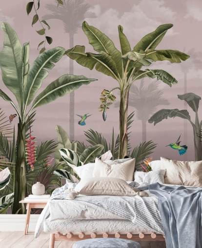 carta da parati murale con foresta rosa chiamata A Busy Tropical Forest at Wallsauce per camere da letto