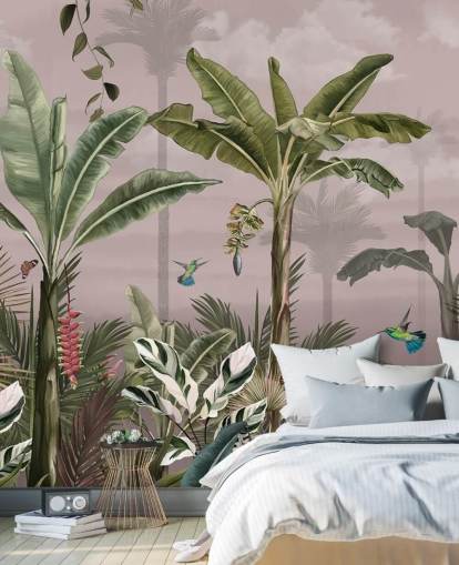 mural de papel pintado de bosque rosa llamado Un bosque tropical ocupado en Wallsauce para dormitorios mural de papel pintado de bosque rosa llamado Un bosque tropical ocupado en Wallsauce para dormitorios