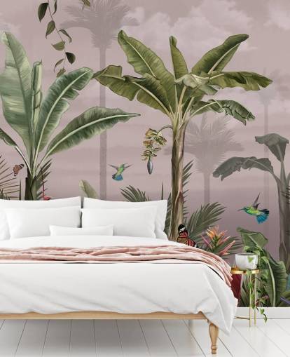 rosafarbenes Wald-Wandbild mit dem Titel A Busy Tropical Forest at Wallsauce für Schlafzimmer rosafarbenes Wald-Wandbild mit dem Titel A Busy Tropical Forest at Wallsauce für Schlafzimmer