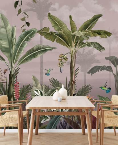 rosafarbenes Wald-Wandbild mit dem Titel A Busy Tropical Forest at Wallsauce für Schlafzimmer