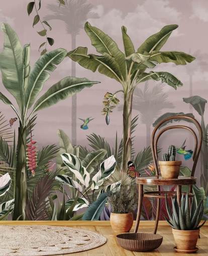 pink forest wallpaper mural called A Busy Tropical Forest at Wallsauce for bedrooms