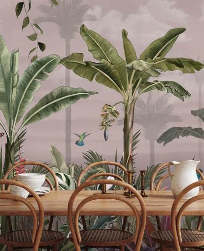 pink forest wallpaper mural called A Busy Tropical Forest at Wallsauce for bedrooms
