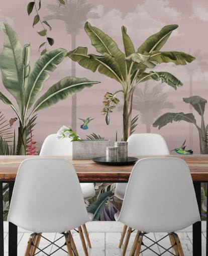 mural de papel pintado de bosque rosa llamado Un bosque tropical ocupado en Wallsauce para dormitorios