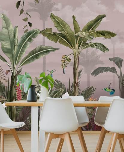 rosafarbenes Wald-Wandbild mit dem Titel A Busy Tropical Forest at Wallsauce für Schlafzimmer rosafarbenes Wald-Wandbild mit dem Titel A Busy Tropical Forest at Wallsauce für Schlafzimmer