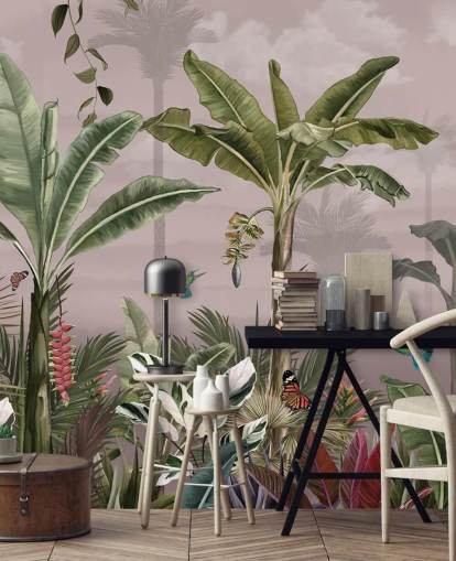 rosafarbenes Wald-Wandbild mit dem Titel A Busy Tropical Forest at Wallsauce für Schlafzimmer