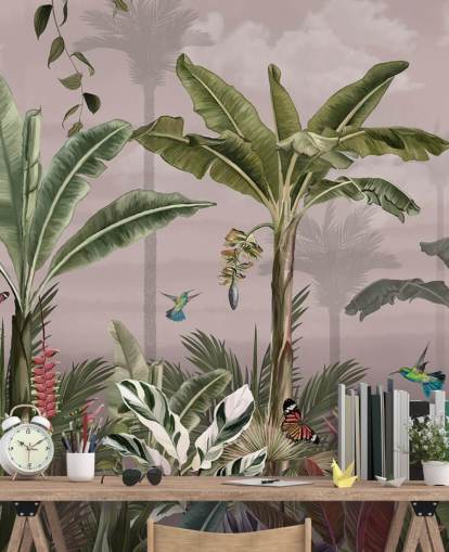 lyserød skov tapetmaleri kaldet A Busy Tropical Forest på Wallsauce til soveværelser lyserød skov tapetmaleri kaldet A Busy Tropical Forest på Wallsauce til soveværelser