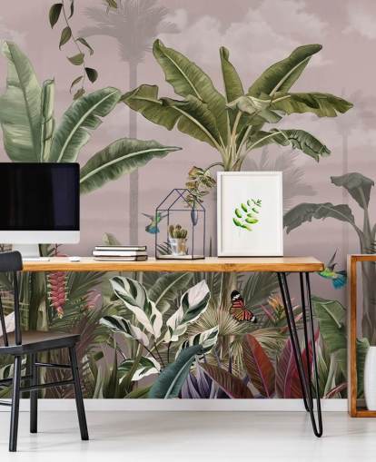 roze bosbehangmuurschildering genaamd A Busy Tropical Forest at Wallsauce voor slaapkamers