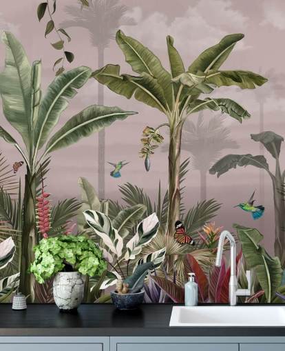 pink forest wallpaper mural called A Busy Tropical Forest at Wallsauce for bedrooms pink forest wallpaper mural called A Busy Tropical Forest at Wallsauce for bedrooms