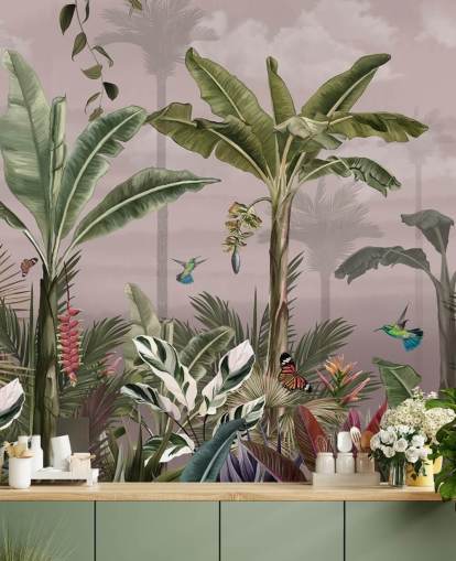 vaaleanpunainen metsätaustakuvamaalaus nimeltä A Busy Tropical Forest Wallsaucessa makuuhuoneisiin