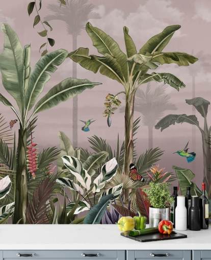 pink forest wallpaper mural called A Busy Tropical Forest at Wallsauce for bedrooms