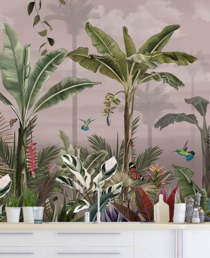 mural de papel pintado de bosque rosa llamado Un bosque tropical ocupado en Wallsauce para dormitorios