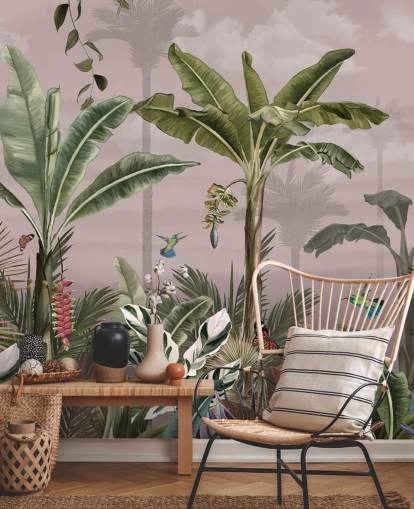 rosafarbenes Wald-Wandbild mit dem Titel A Busy Tropical Forest at Wallsauce für Schlafzimmer