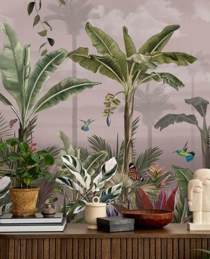 rosafarbenes Wald-Wandbild mit dem Titel A Busy Tropical Forest at Wallsauce für Schlafzimmer rosafarbenes Wald-Wandbild mit dem Titel A Busy Tropical Forest at Wallsauce für Schlafzimmer