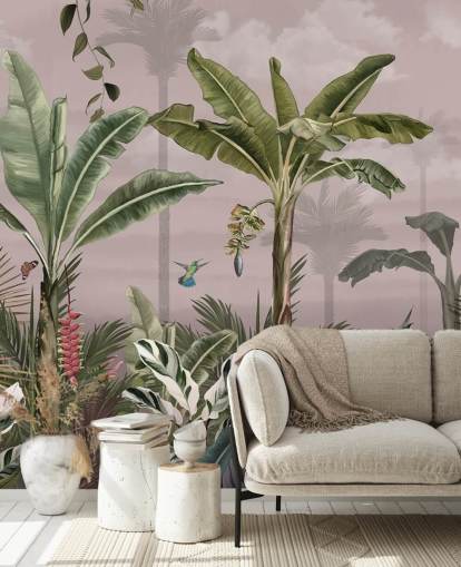 rosa skogtapet veggmaleri kalt A Busy Tropical Forest på Wallsauce for soverom