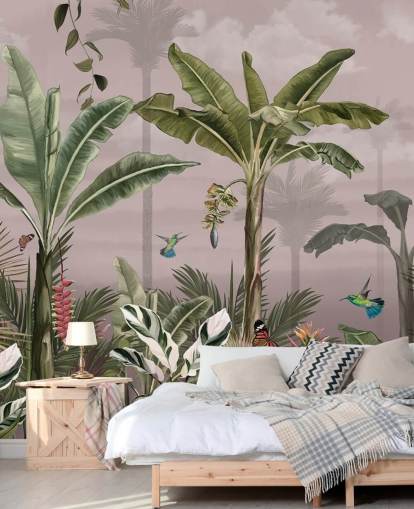 mural de papel de parede de floresta rosa chamado A Busy Tropical Forest at Wallsauce para quartos