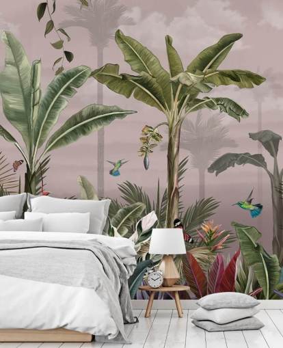 lyserød skov tapetmaleri kaldet A Busy Tropical Forest på Wallsauce til soveværelser lyserød skov tapetmaleri kaldet A Busy Tropical Forest på Wallsauce til soveværelser