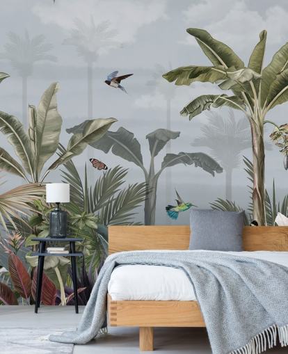 blaue Dschungel-Tapete mit dem Titel A Day in the Jungle Blue at Wallsauce für Schlafzimmer blaue Dschungel-Tapete mit dem Titel A Day in the Jungle Blue at Wallsauce für Schlafzimmer