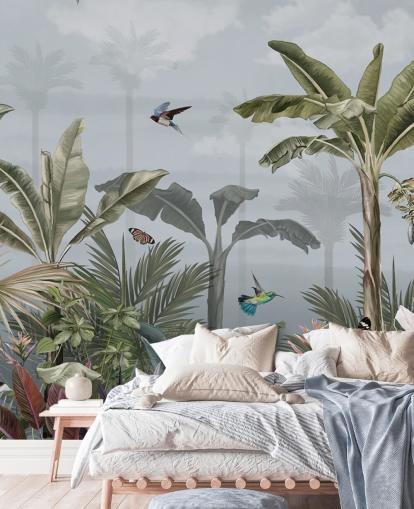 mural de papel de parede da selva azul chamado A Day in the Jungle Blue at Wallsauce para quartos