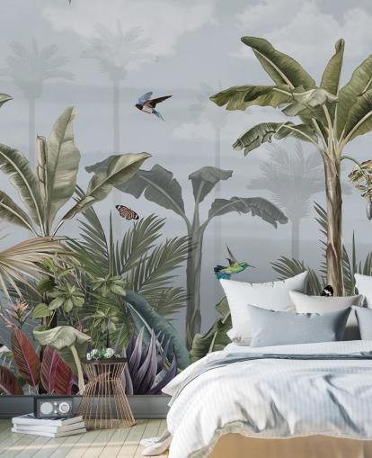 blaue Dschungel-Tapete mit dem Titel A Day in the Jungle Blue at Wallsauce für Schlafzimmer