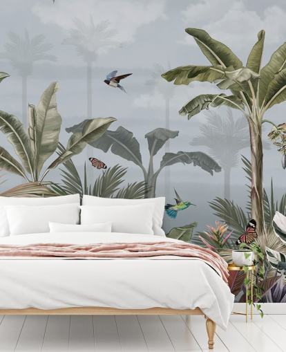 blue jungle wallpaper mural called A Day in the Jungle Blue at Wallsauce for bedrooms