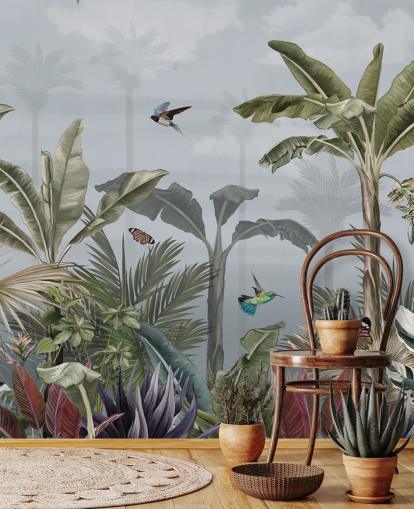 mural de papel pintado azul de la jungla llamado Un día en la jungla azul en Wallsauce para dormitorios