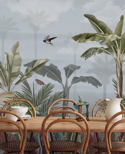 blue jungle wallpaper mural called A Day in the Jungle Blue at Wallsauce for bedrooms