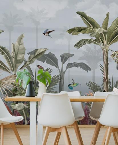 blue jungle wallpaper mural called A Day in the Jungle Blue at Wallsauce for bedrooms