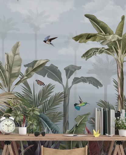 mural de papel pintado azul de la jungla llamado Un día en la jungla azul en Wallsauce para dormitorios