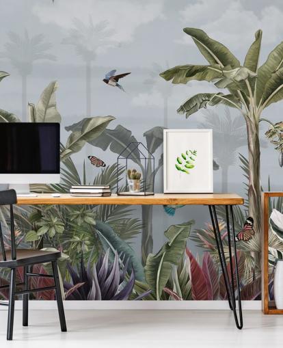 mural de papel pintado azul de la jungla llamado Un día en la jungla azul en Wallsauce para dormitorios