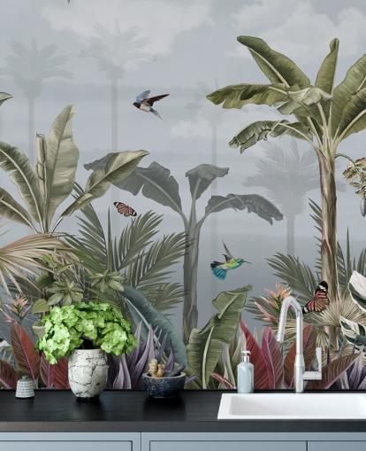 blue jungle wallpaper mural called A Day in the Jungle Blue at Wallsauce for bedrooms