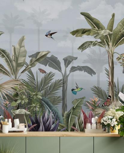 papier peint mural de la jungle bleue appelé A Day in the Jungle Blue at Wallsauce pour chambres