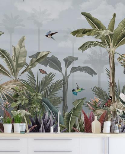 blue jungle wallpaper mural called A Day in the Jungle Blue at Wallsauce for bedrooms