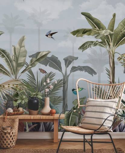 blue jungle wallpaper mural called A Day in the Jungle Blue at Wallsauce for bedrooms