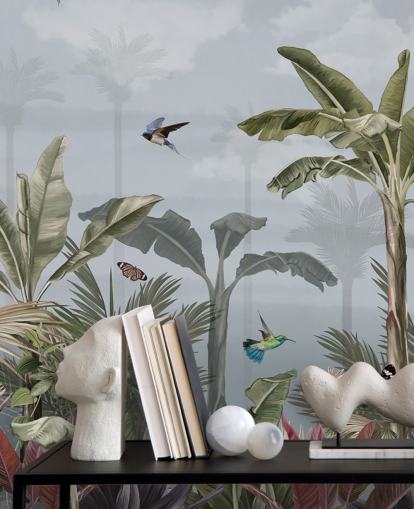 blue jungle wallpaper mural called A Day in the Jungle Blue at Wallsauce for bedrooms