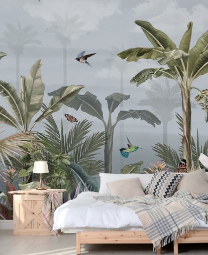 blue jungle wallpaper mural called A Day in the Jungle Blue at Wallsauce for bedrooms