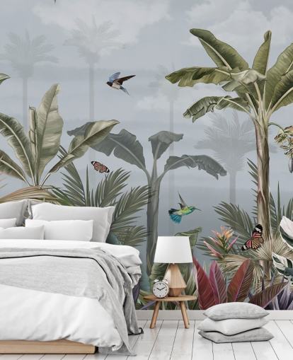 blue jungle wallpaper mural called A Day in the Jungle Blue at Wallsauce for bedrooms