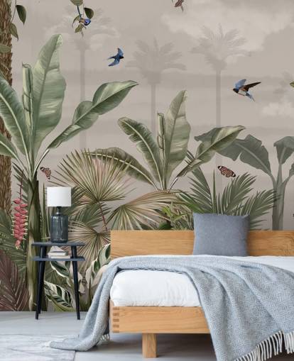 mural de papel pintado de la jungla llamado Un día en la jungla en Wallsauce para dormitorios y pasillos