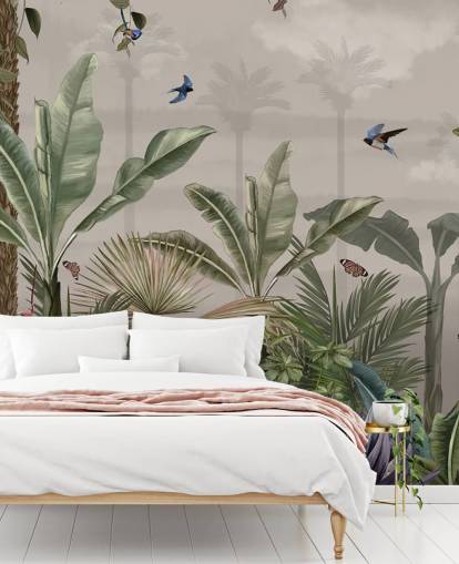 mural de papel pintado de la jungla llamado Un día en la jungla en Wallsauce para dormitorios y pasillos