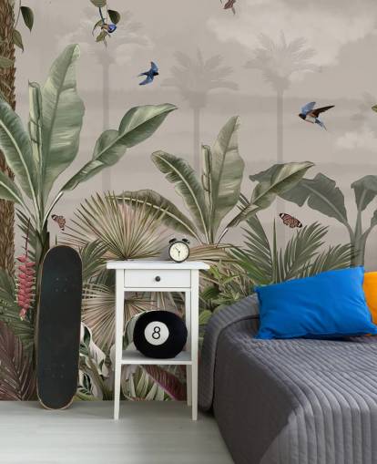 Dschungel-Tapete mit dem Titel Ein Tag im Dschungel in Wallsauce für Schlafzimmer und Flure Dschungel-Tapete mit dem Titel Ein Tag im Dschungel in Wallsauce für Schlafzimmer und Flure