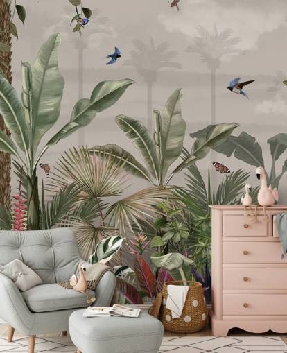jungle wallpaper mural called A Day in the Jungle at Wallsauce for bedrooms and hallways