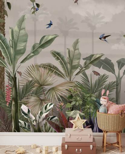jungle wallpaper mural called A Day in the Jungle at Wallsauce for bedrooms and hallways