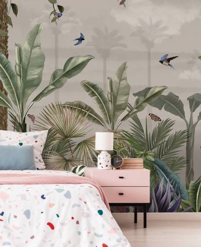 jungle wallpaper mural called A Day in the Jungle at Wallsauce for bedrooms and hallways