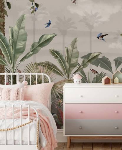 Dschungel-Tapete mit dem Titel Ein Tag im Dschungel in Wallsauce für Schlafzimmer und Flure Dschungel-Tapete mit dem Titel Ein Tag im Dschungel in Wallsauce für Schlafzimmer und Flure